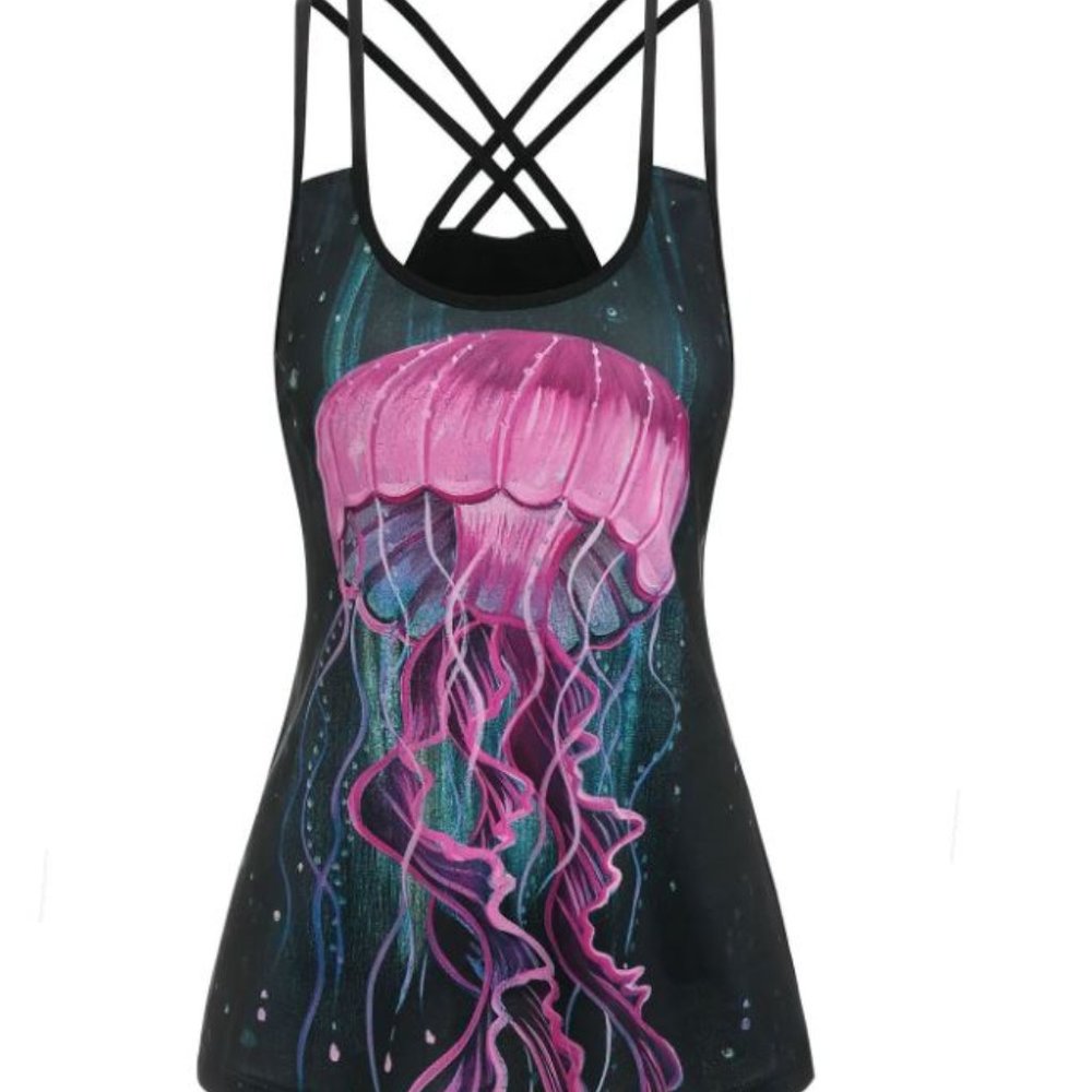 Vacation Strappy Cross Back Jellyfish Painting Tank Top